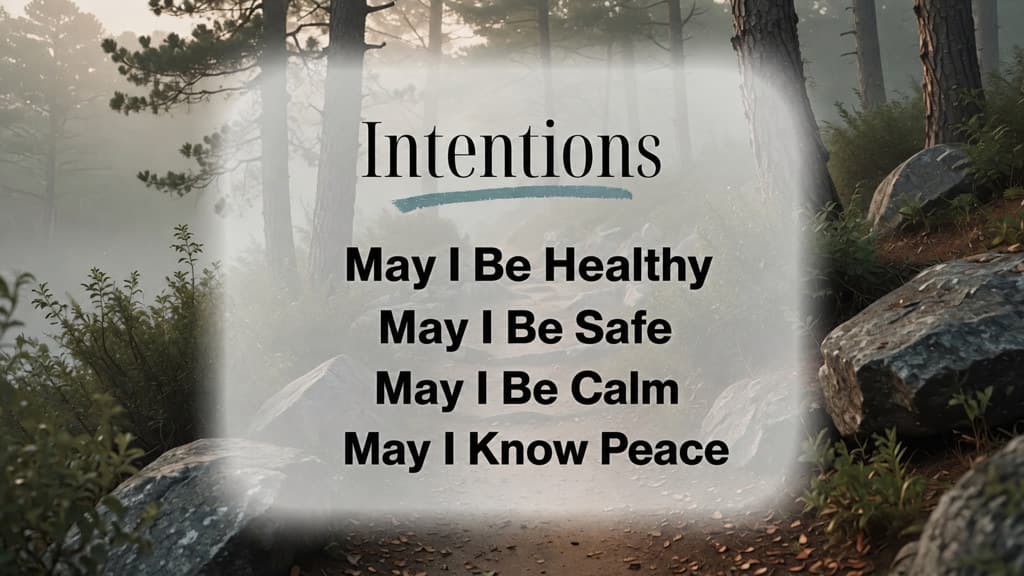 Intentions in a misty forest: May I Be Healthy, May I Be Safe, May I Be Calm, May I Know Peace.